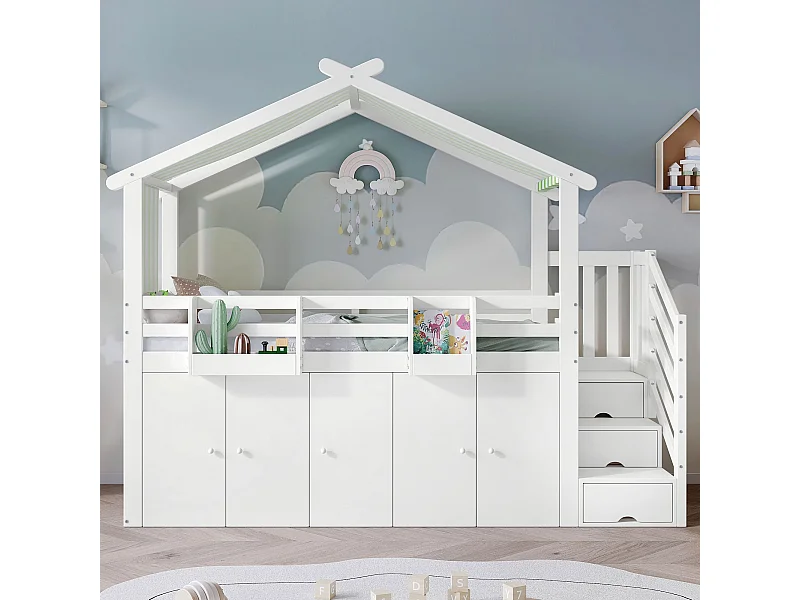 Kinderstapelbed 90x200cm, met kleerkast en opbergmeubel, grenen + MDF + kurk, wit + groen