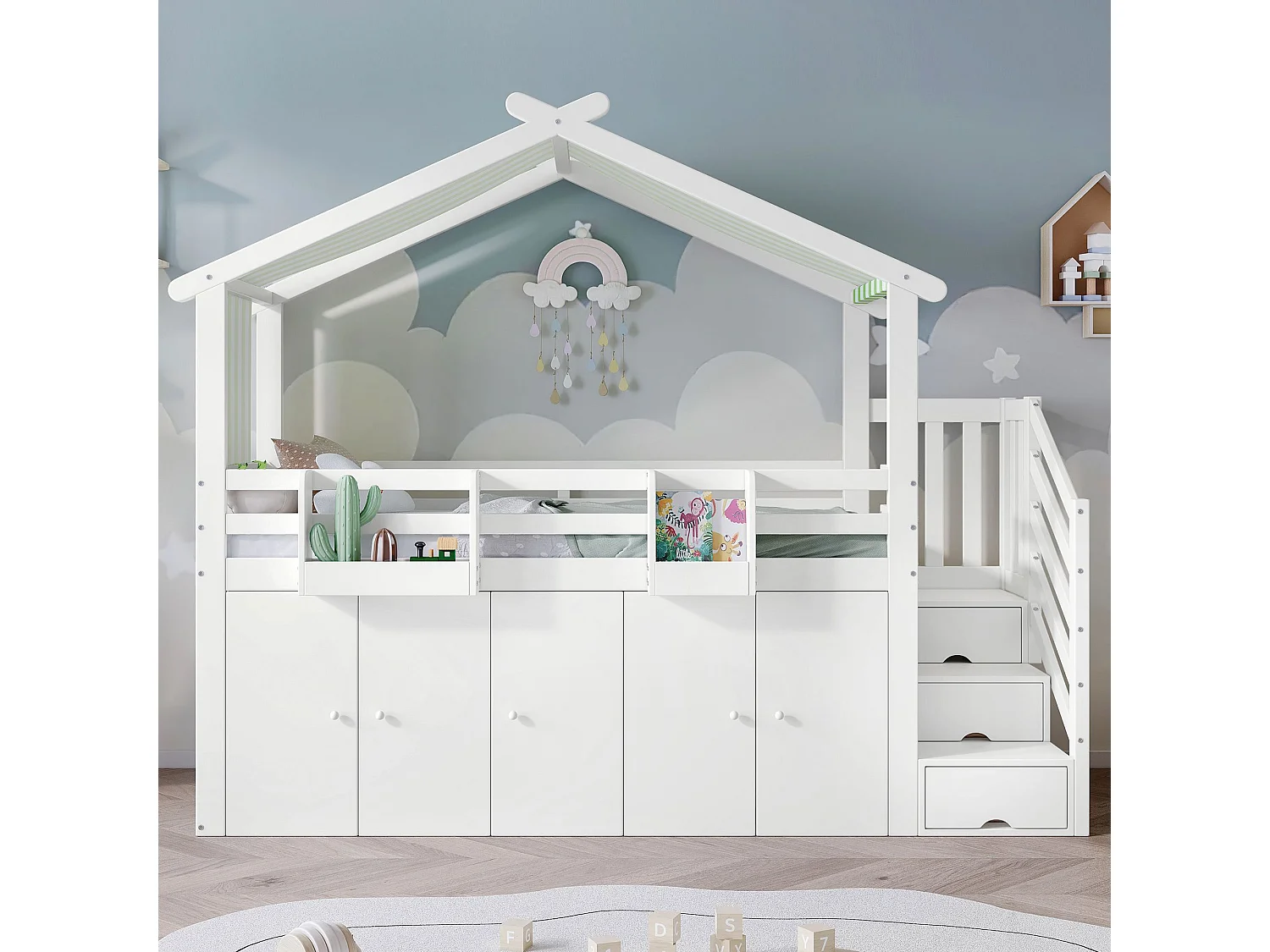 Beliche para crianças 90x200cm, com roupeiro e móvel de arrumação, pinho + MDF + cortiça, branco + verde