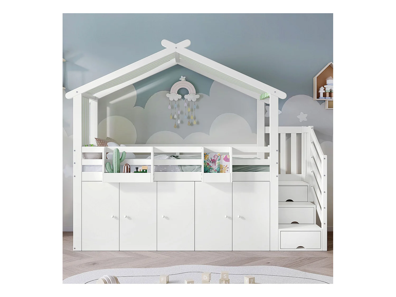 Lit superposé pour enfants 90x200 cm, avec armoire et meuble de rangement, pin + MDF + liège, blanc + vert