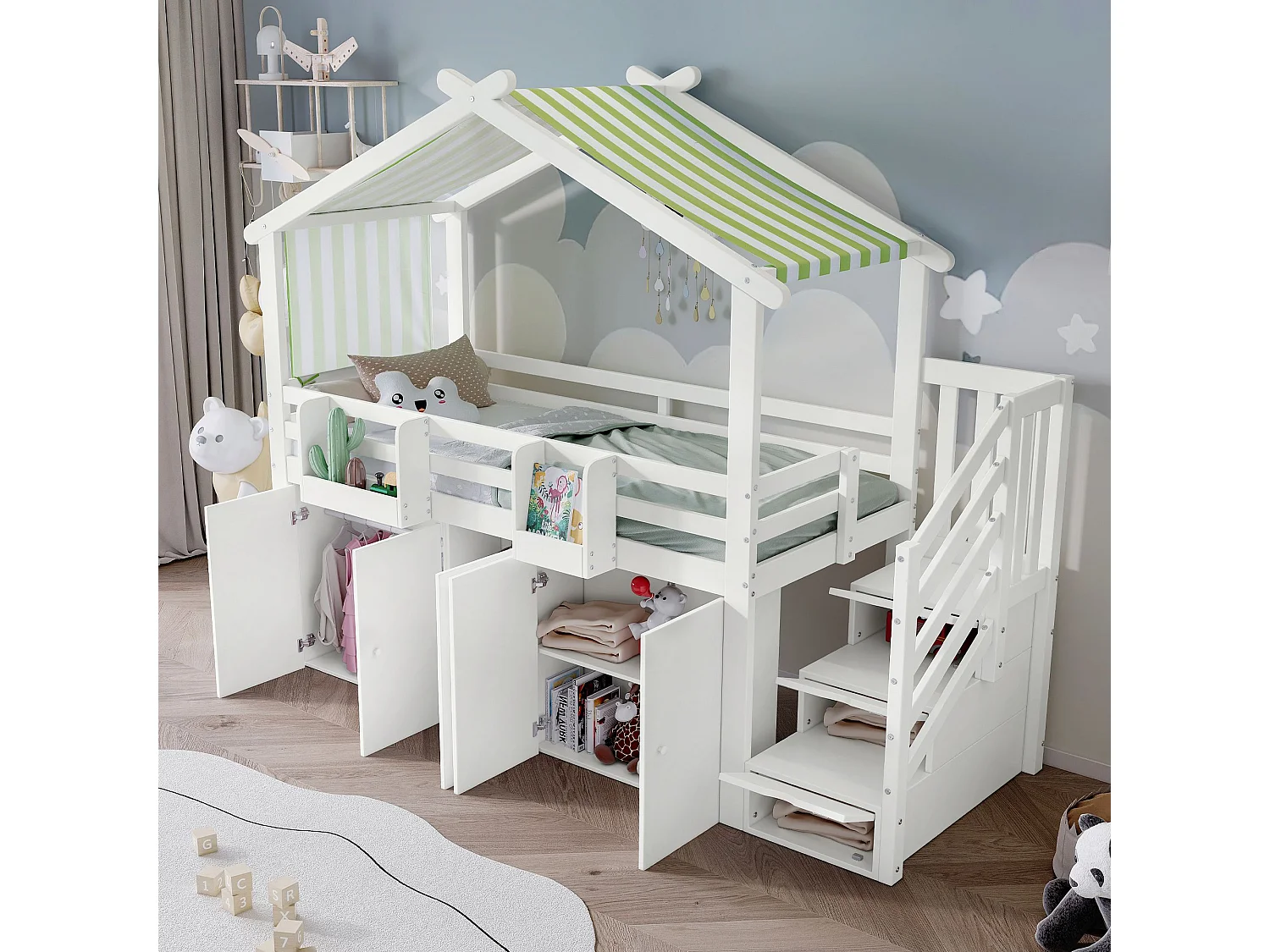 Lámpara superpuesta para niños 90x200 cm, con armario y estantería, clavija + MDF + listón, blanco + verde