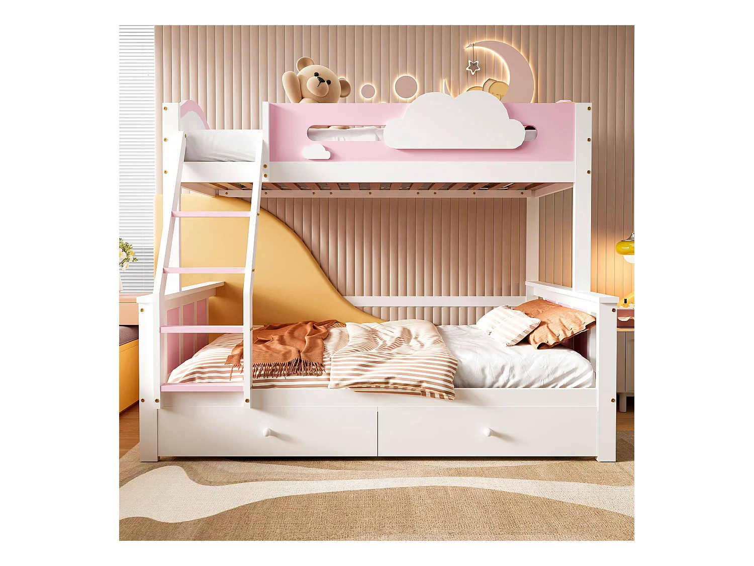 Lit superposé pour enfants 90x200cm+120x200cm, avec fenêtre, échelle inclinée et tiroirs, blanc+rose