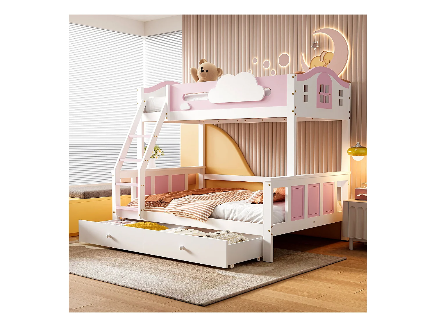 Lit superposé pour enfants 90x200cm+120x200cm, avec fenêtre, échelle inclinée et tiroirs, blanc+rose