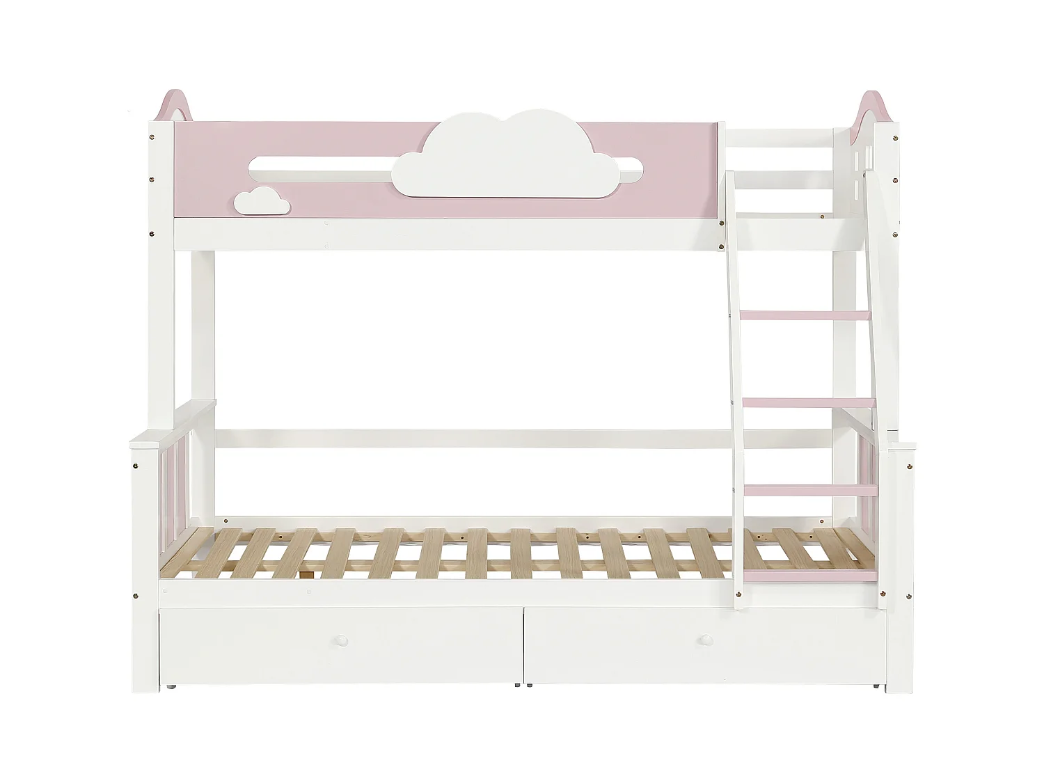 Lit superposé pour enfants 90x200cm+120x200cm, avec fenêtre, échelle inclinée et tiroirs, blanc+rose