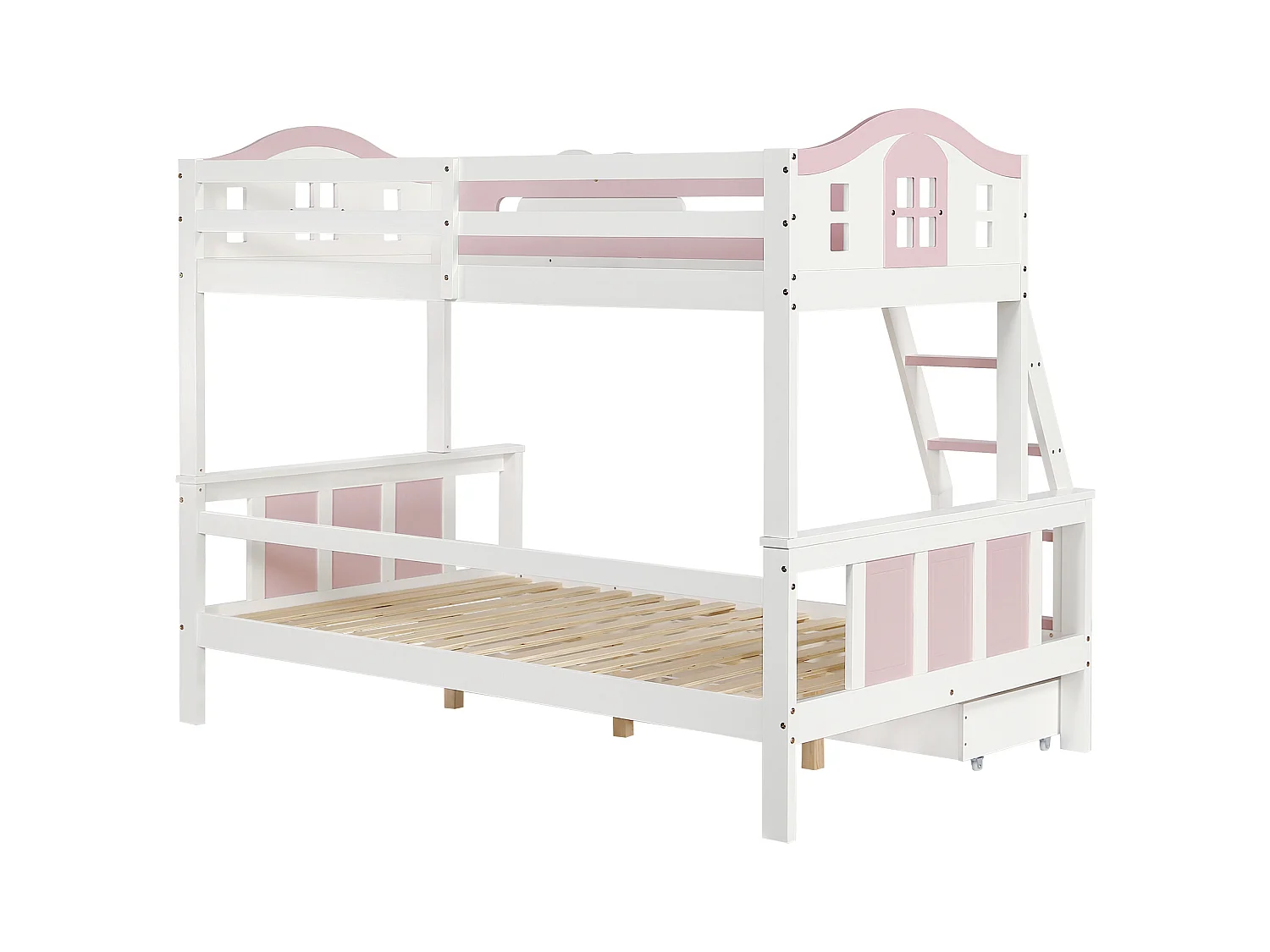 Lit superposé pour enfants 90x200cm+120x200cm, avec fenêtre, échelle inclinée et tiroirs, blanc+rose