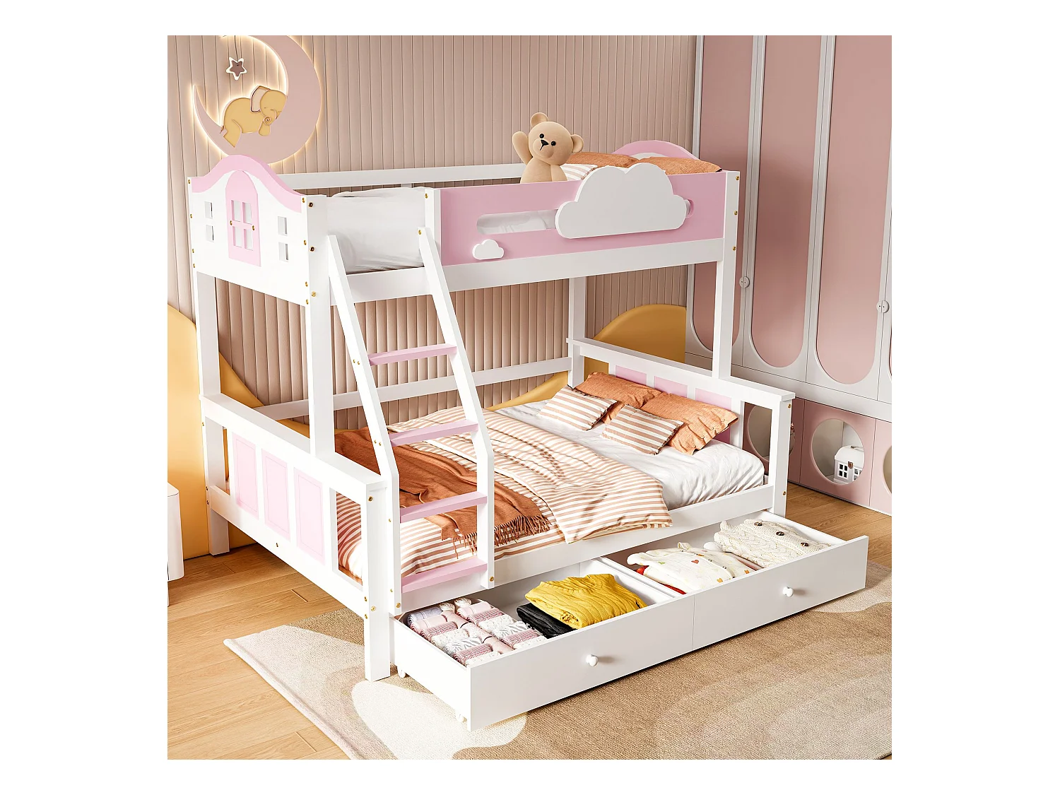 Lit superposé pour enfants 90x200cm+120x200cm, avec fenêtre, échelle inclinée et tiroirs, blanc+rose