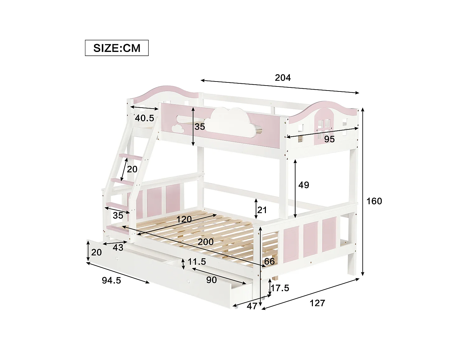 Lit superposé pour enfants 90x200cm+120x200cm, avec fenêtre, échelle inclinée et tiroirs, blanc+rose