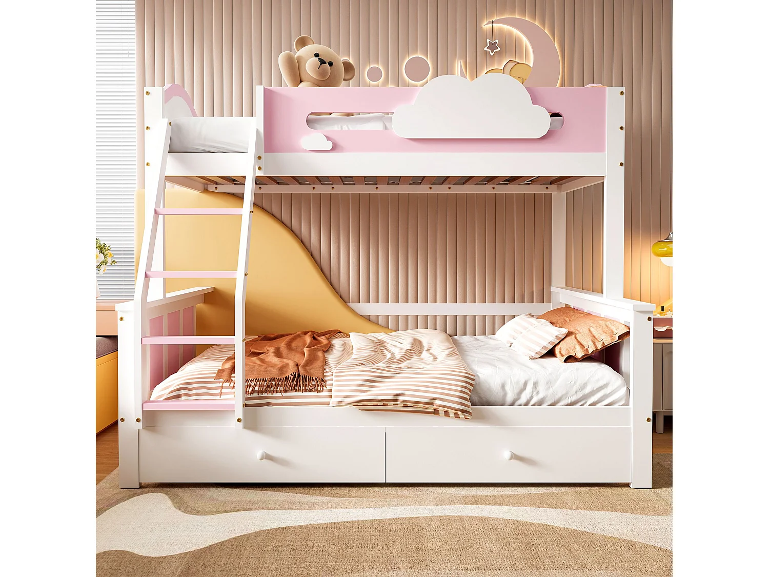 Lit superposé pour enfants 90x200cm+120x200cm, avec fenêtre, échelle inclinée et tiroirs, blanc+rose