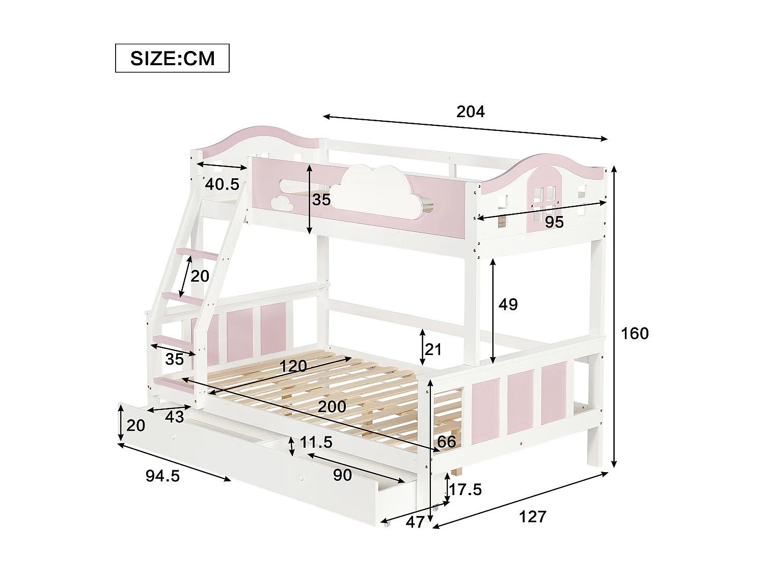 Lit superposé pour enfants 90x200cm+120x200cm, avec fenêtre, échelle inclinée et tiroirs, blanc+rose