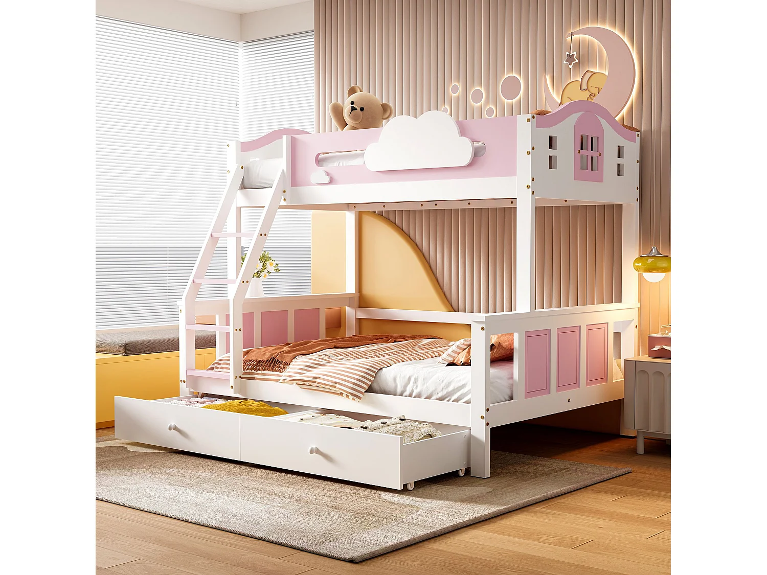 Lit superposé pour enfants 90x200cm+120x200cm, avec fenêtre, échelle inclinée et tiroirs, blanc+rose