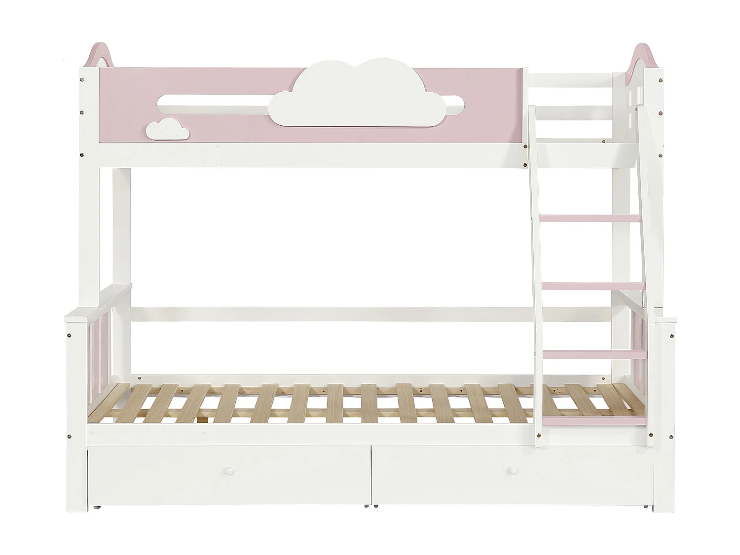 Lit superposé pour enfants 90x200cm+120x200cm, avec fenêtre, échelle inclinée et tiroirs, blanc+rose