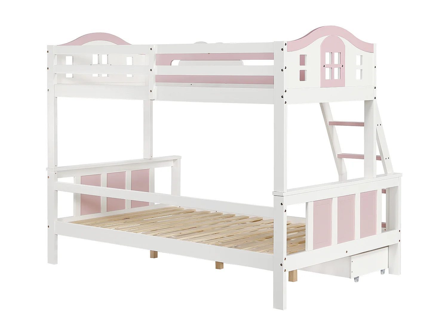 Lit superposé pour enfants 90x200cm+120x200cm, avec fenêtre, échelle inclinée et tiroirs, blanc+rose