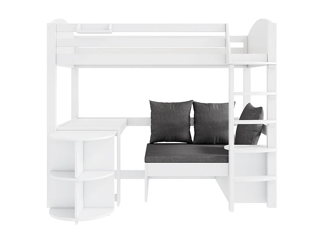 Lit d'enfant avec échelle, table extensible, trois coussins et rembourrage, bois massif, blanc, 90*200