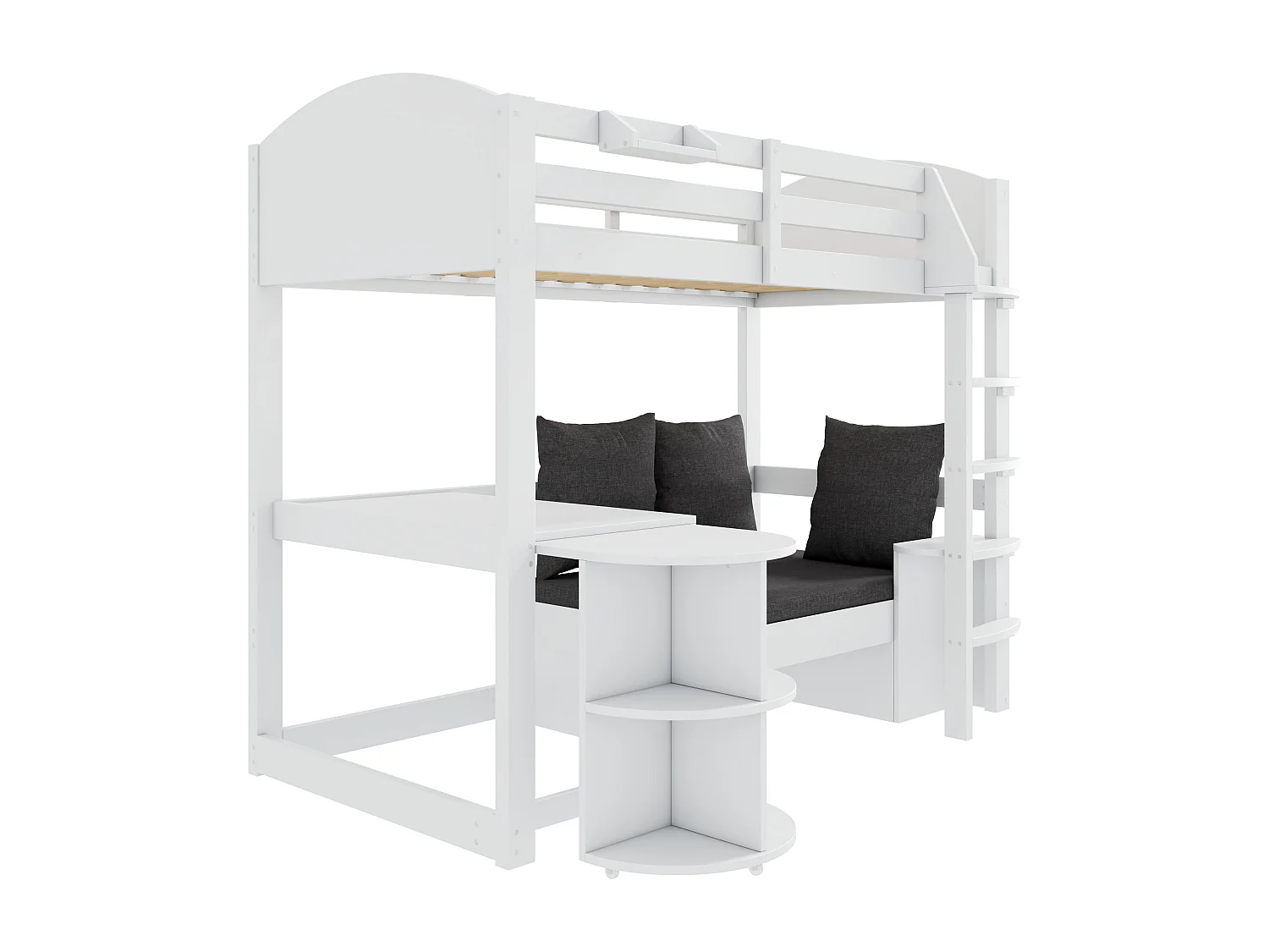 Lit d'enfant avec échelle, table extensible, trois coussins et rembourrage, bois massif, blanc, 90*200