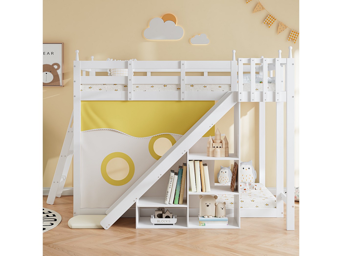 Lit superposé pour enfants avec escalier et barrière, rideaux de lit