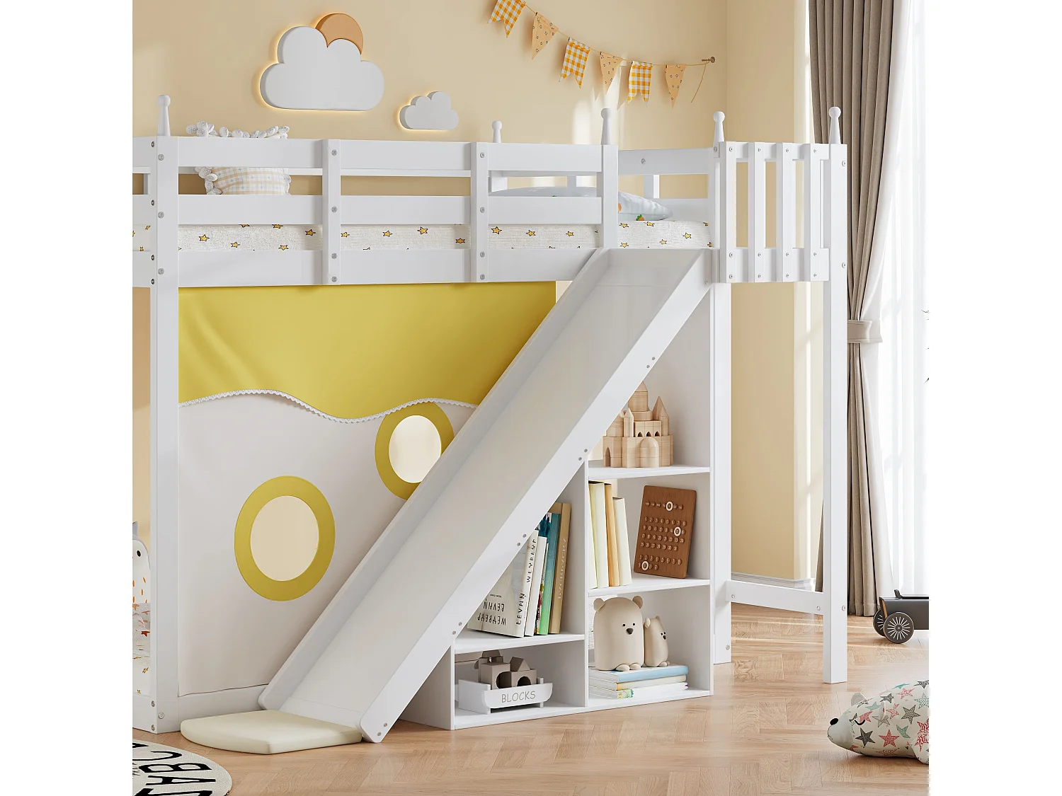 Kinderstapelbed met trapje en afscheiding, bedgordijnen, glijbaan en plank, wit (90x200 cm)