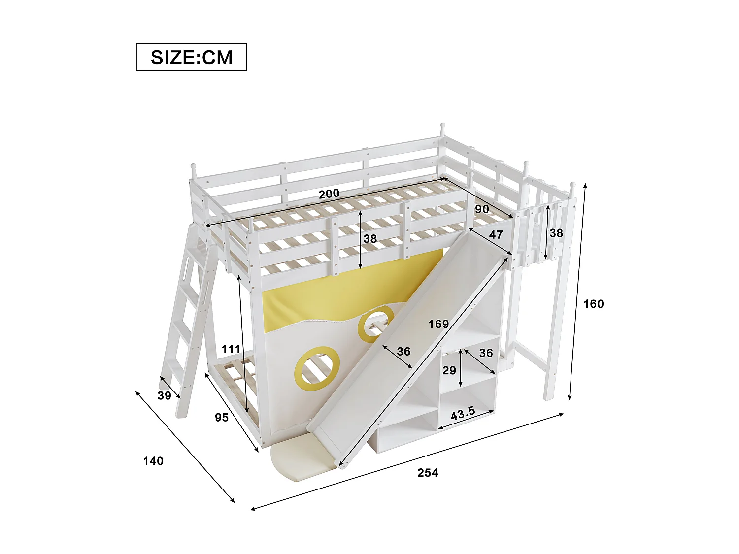 Kinderstapelbed met trapje en afscheiding, bedgordijnen, glijbaan en plank, wit (90x200 cm)