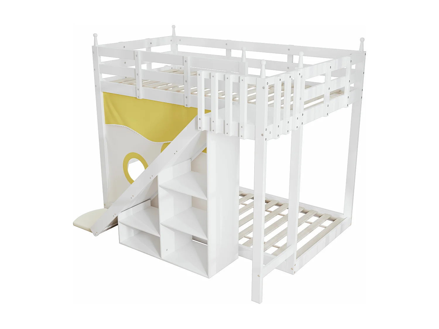 Kinderstapelbed met trapje en afscheiding, bedgordijnen, glijbaan en plank, wit (90x200 cm)