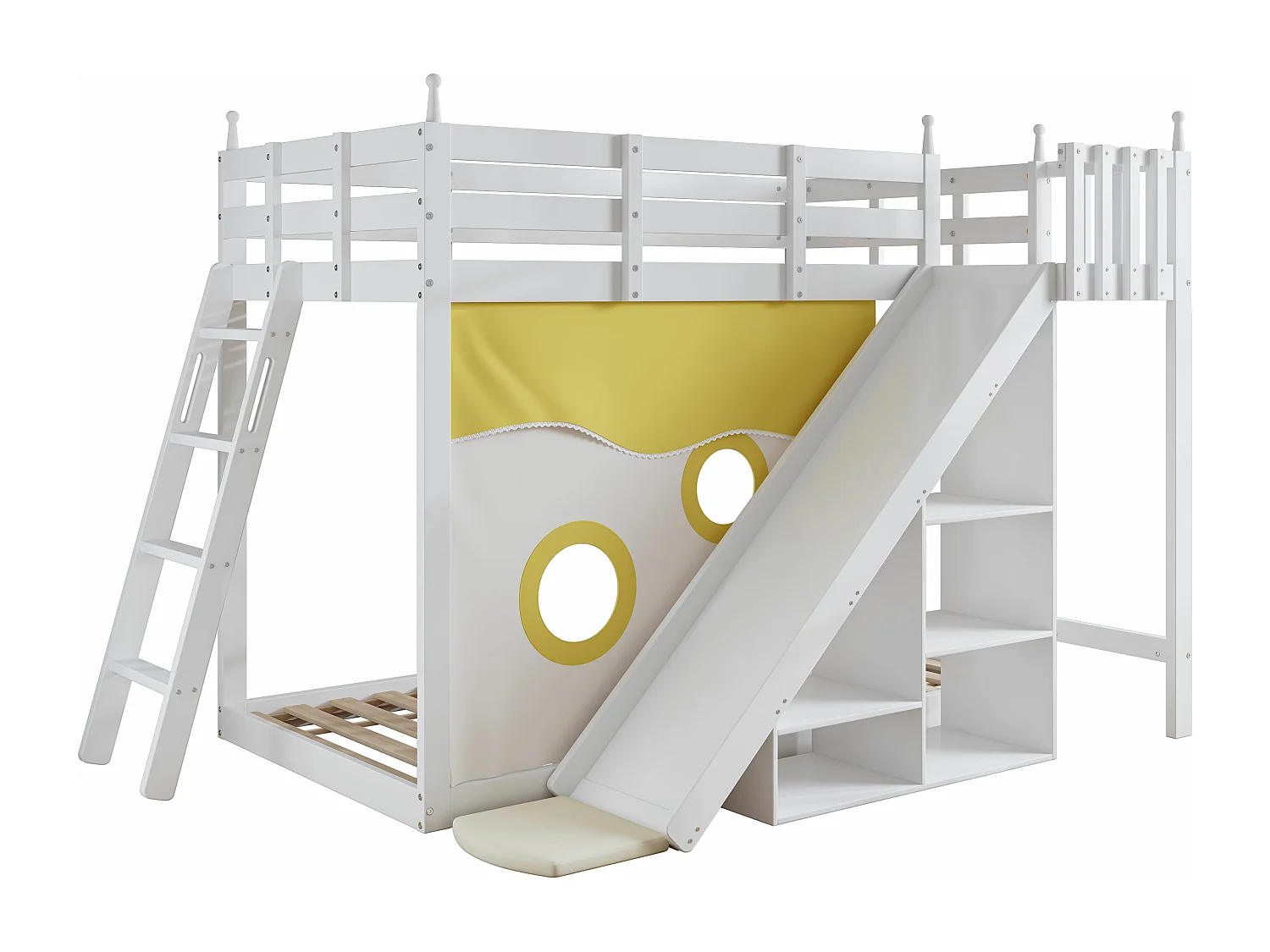 Kinderstapelbed met trapje en afscheiding, bedgordijnen, glijbaan en plank, wit (90x200 cm)