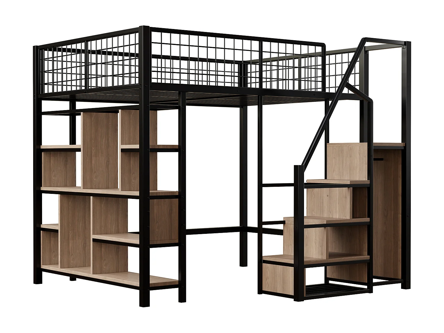 Lit mezzanine polyvalent 140 x 200 cm, lit en métal avec espace de rangement, étagères et escalier,noir