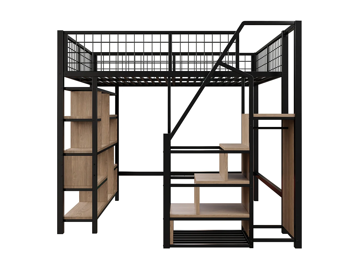 Lit mezzanine polyvalent 140 x 200 cm, lit en métal avec espace de rangement, étagères et escalier,noir