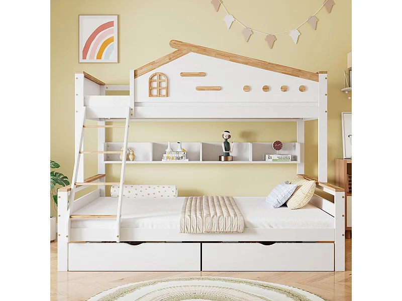 Stapelbed voor kinderen 90x200cm & 140x200cm , met reling, laden, raam en laden, wit + natuurlijke kleuren