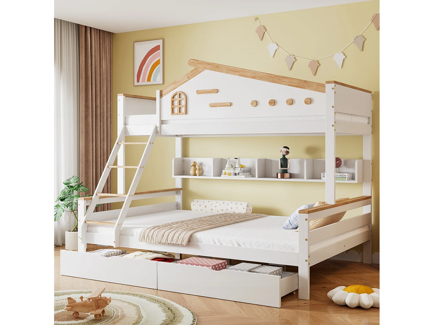 Lit superposé pour enfants 90x200cm & 140x200cm , avec garde-corps, tiroirs, fenêtre, et tiroirs, blanc + couleurs naturelles