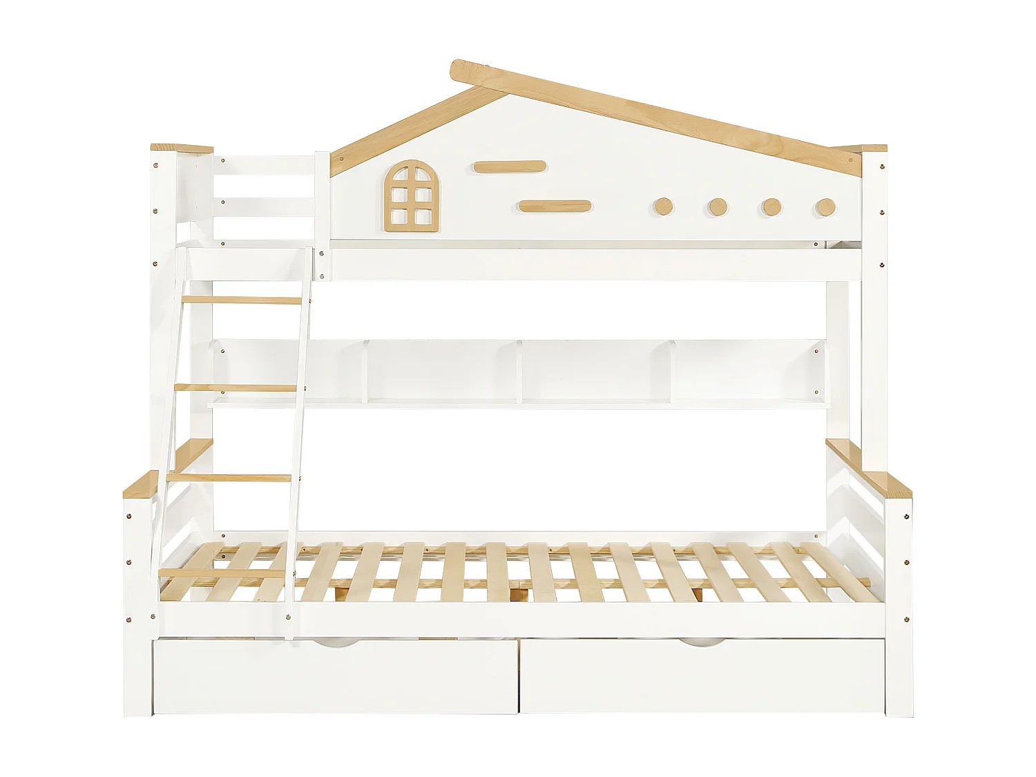 Lit superposé pour enfants 90x200cm & 140x200cm , avec garde-corps, tiroirs, fenêtre, et tiroirs, blanc + couleurs naturelles