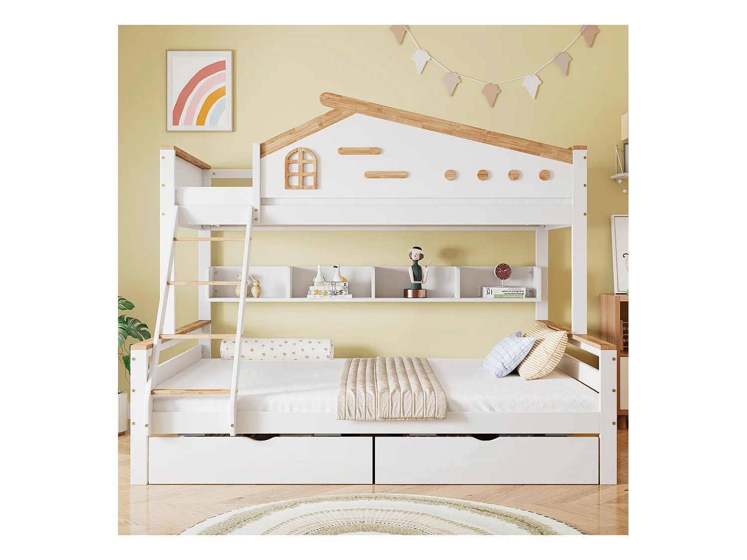 Beliche para crianças 90x200cm e 140x200cm, com grade de proteção, gavetas, janela e gavetas, branco + cores naturais