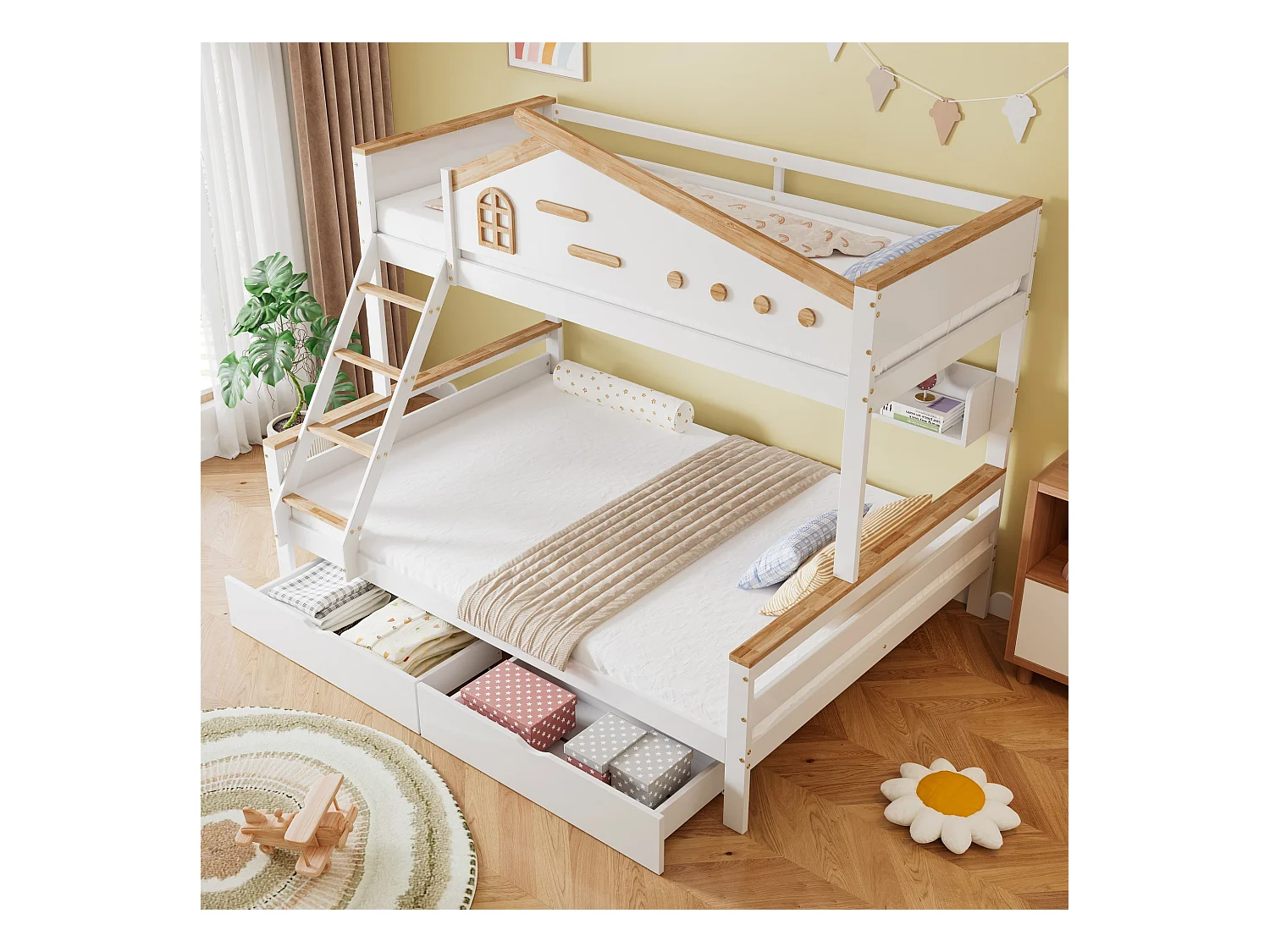 Kinderhochbett 90x200cm & 140x200cm , mit Geländer, Schubladen, Fenster und Schubladen, weiß + naturfarben.
