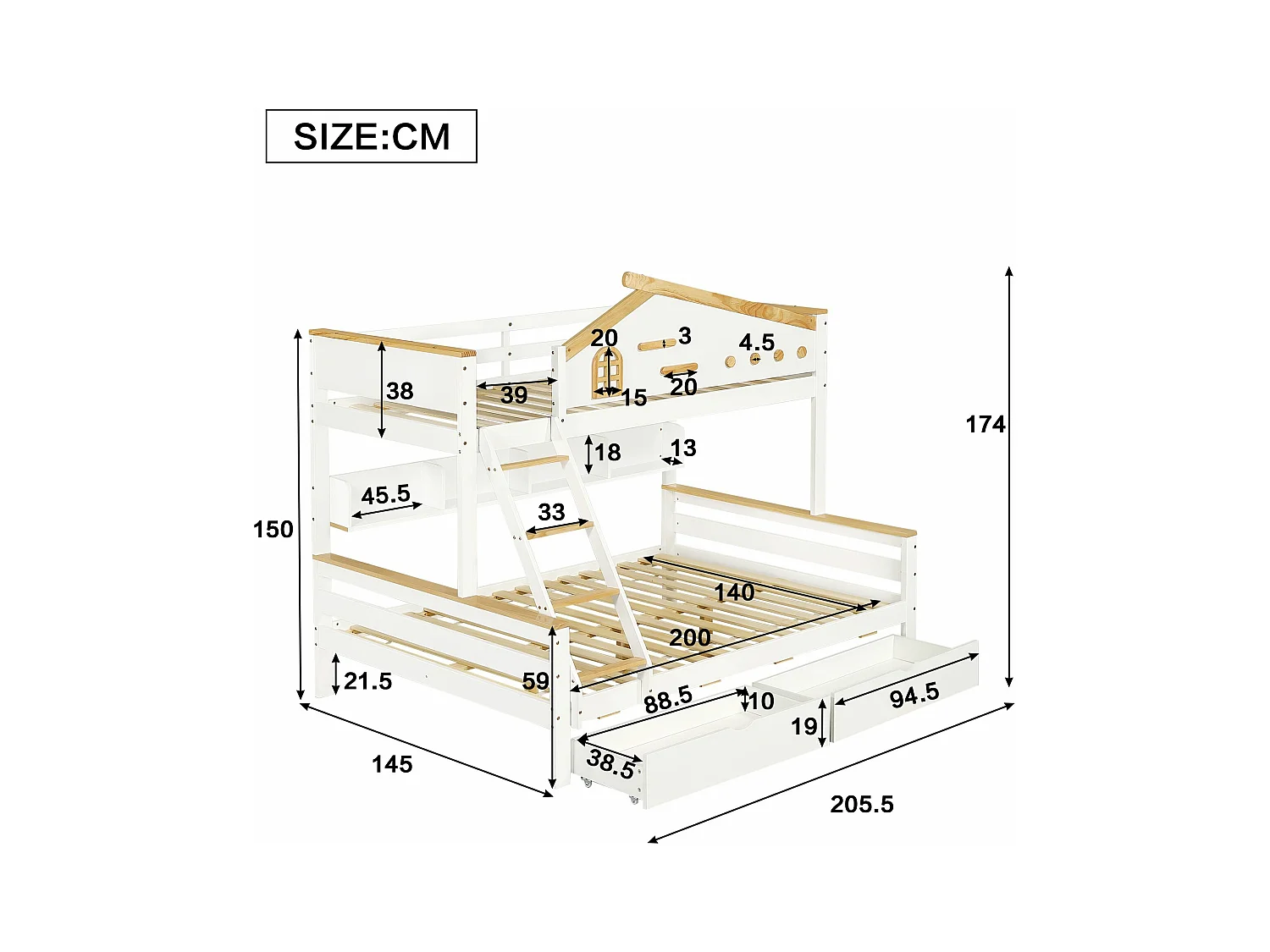 Kinderhochbett 90x200cm & 140x200cm , mit Geländer, Schubladen, Fenster und Schubladen, weiß + naturfarben.