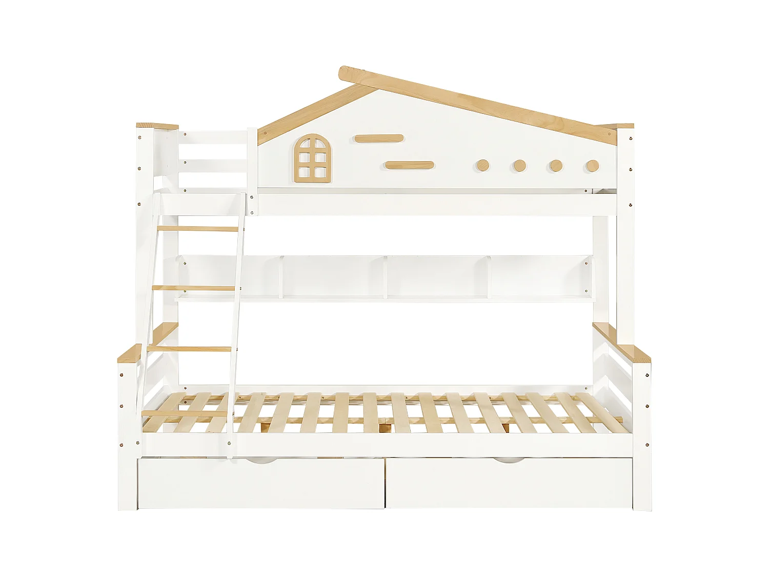 Kinderhochbett 90x200cm & 140x200cm , mit Geländer, Schubladen, Fenster und Schubladen, weiß + naturfarben.