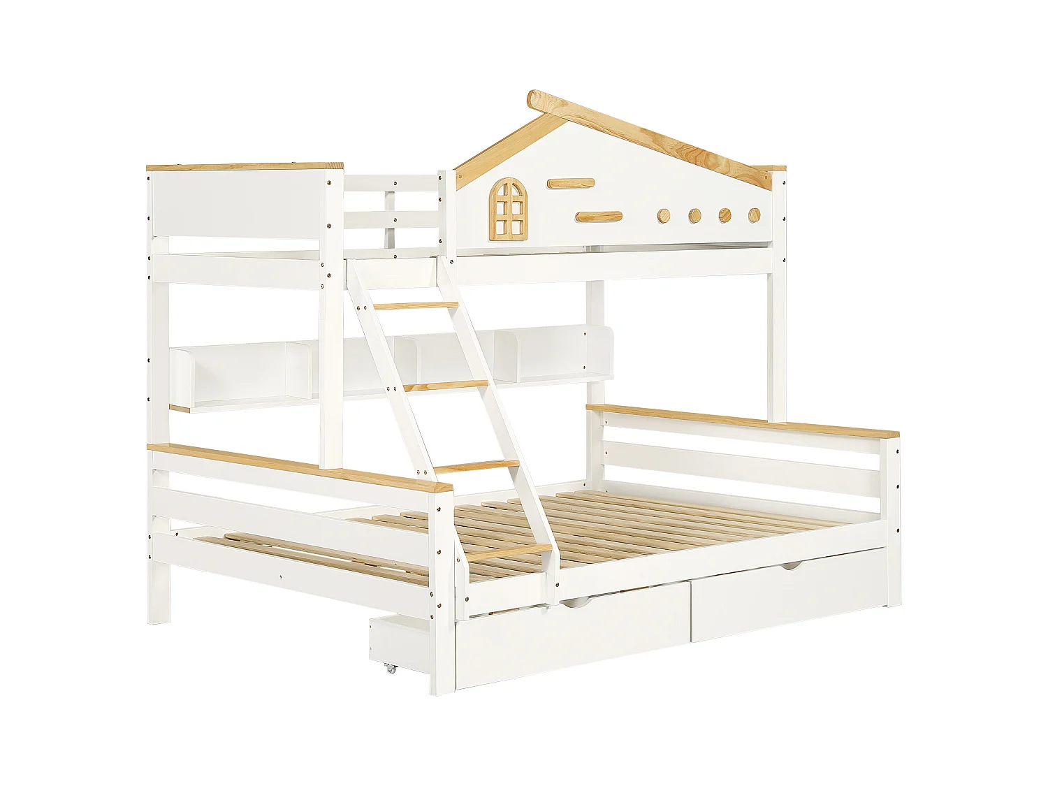 Kinderhochbett 90x200cm & 140x200cm , mit Geländer, Schubladen, Fenster und Schubladen, weiß + naturfarben.