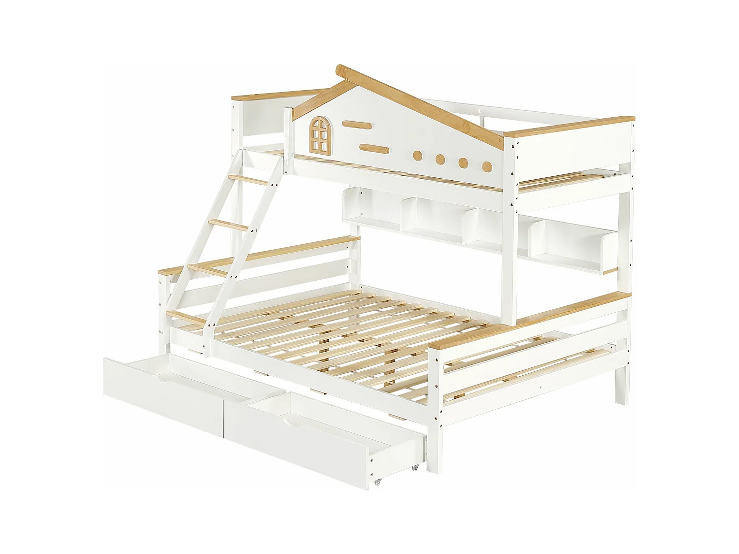 Kinderhochbett 90x200cm & 140x200cm , mit Geländer, Schubladen, Fenster und Schubladen, weiß + naturfarben.