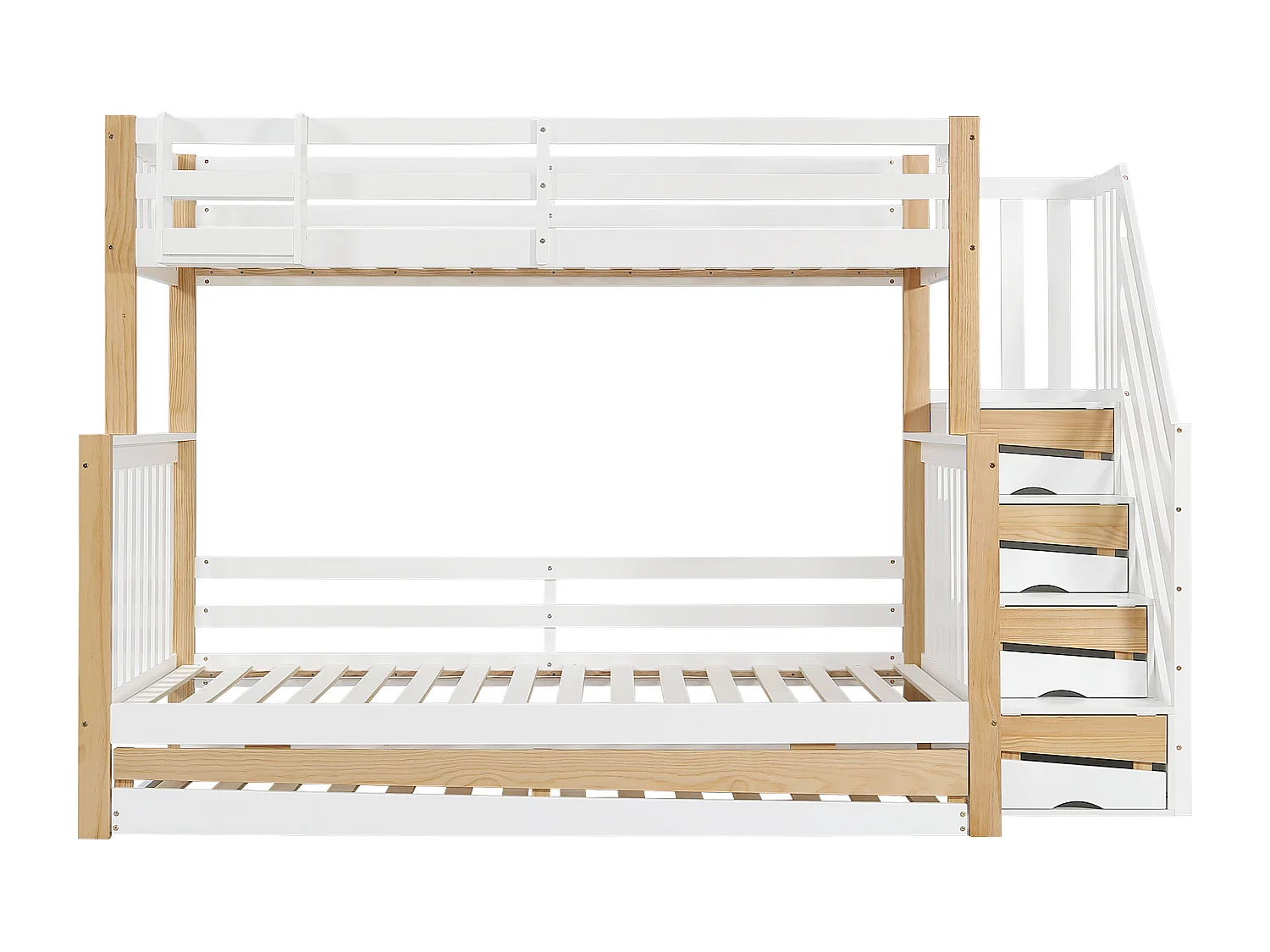 Cama beliche para crianças 90x200+120*200 cm, com proteção contra quedas, três beliches, branco + cores naturais