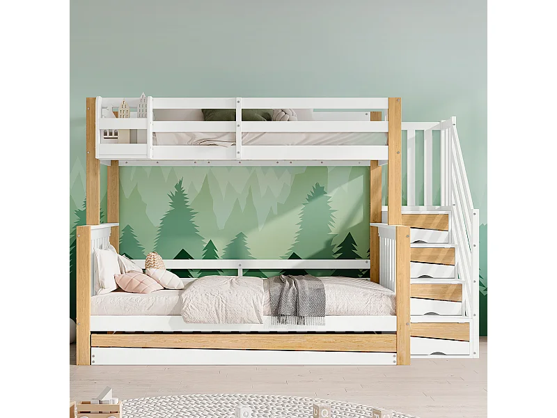 Cama beliche para crianças 90x200+120*200 cm, com proteção contra quedas, três beliches, branco + cores naturais