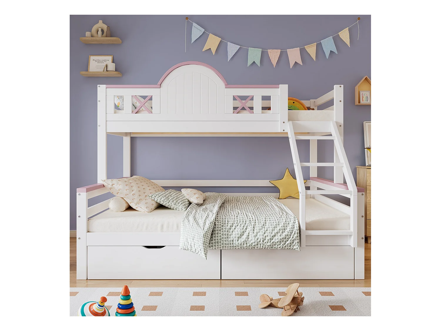 Kinderstapelbed 90x200cm+140x200cm , met laden, raam, raamvorm, grenen + MDF, wit + roze