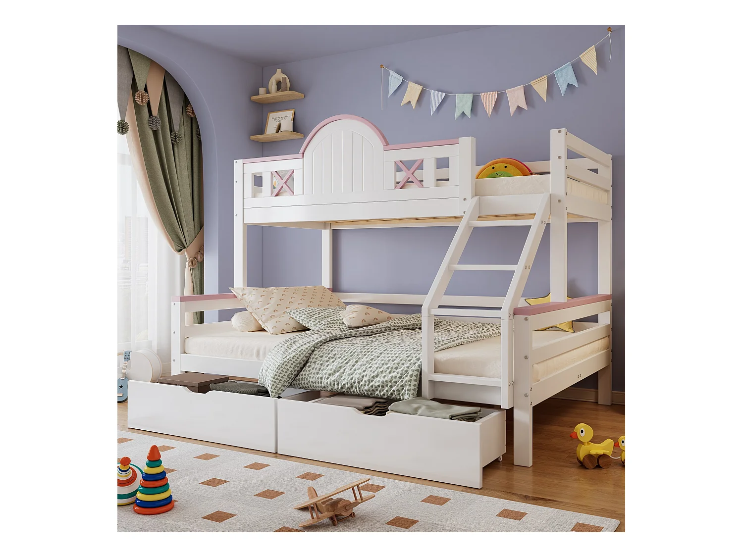 Kinderstapelbed 90x200cm+140x200cm , met laden, raam, raamvorm, grenen + MDF, wit + roze