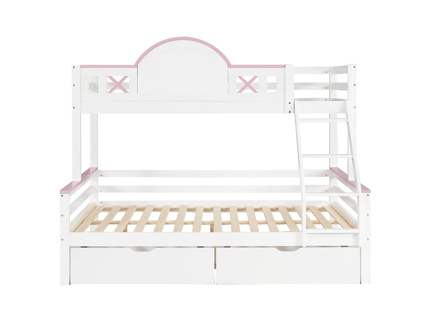 Kinderstapelbed 90x200cm+140x200cm , met laden, raam, raamvorm, grenen + MDF, wit + roze