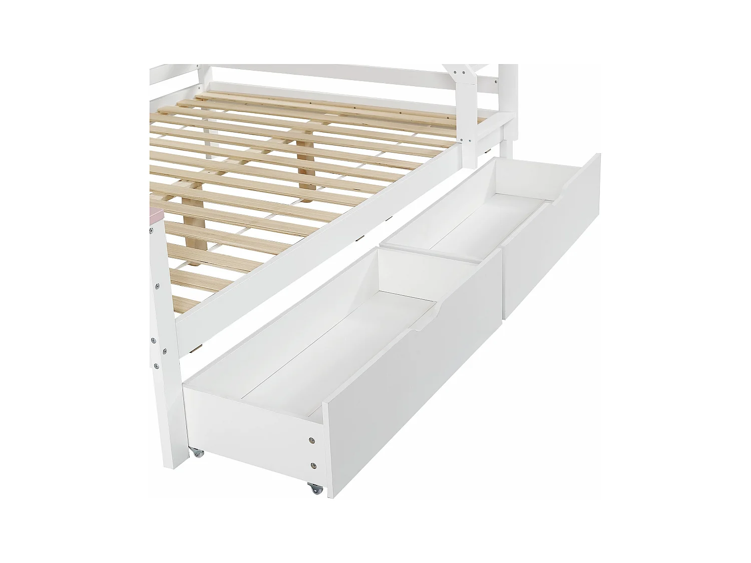 Kinderstapelbed 90x200cm+140x200cm , met laden, raam, raamvorm, grenen + MDF, wit + roze