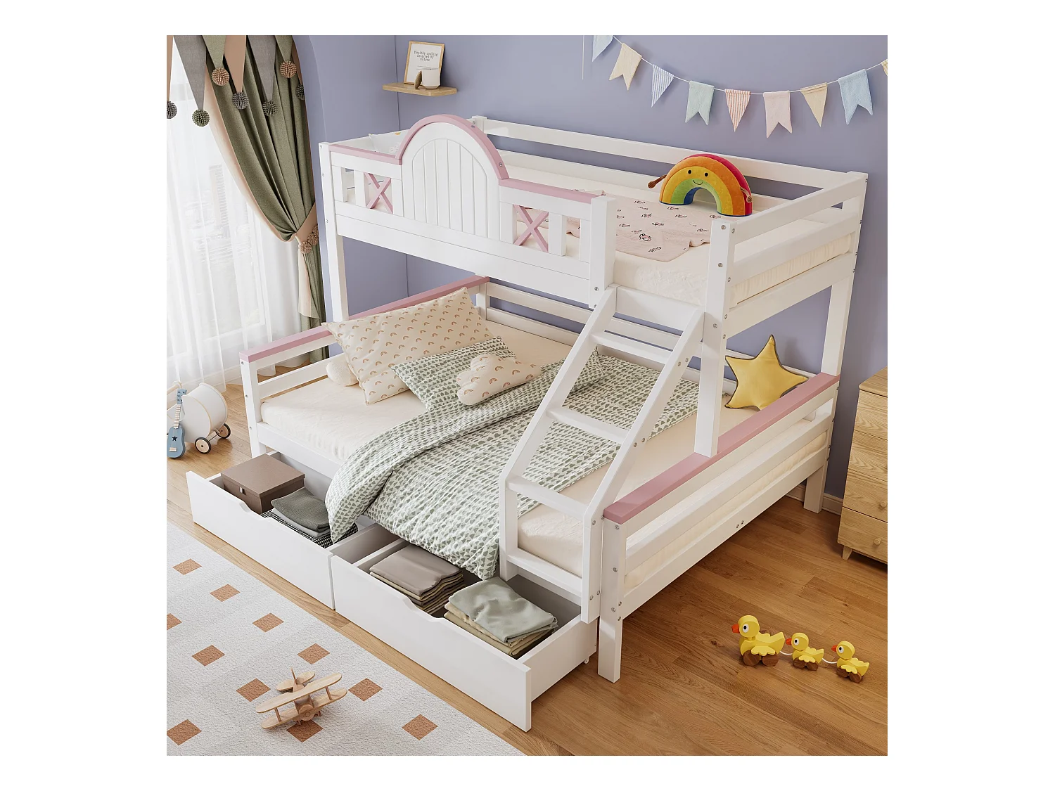 Kinderstapelbed 90x200cm+140x200cm , met laden, raam, raamvorm, grenen + MDF, wit + roze