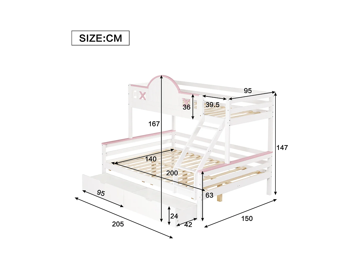 Kinderstapelbed 90x200cm+140x200cm , met laden, raam, raamvorm, grenen + MDF, wit + roze