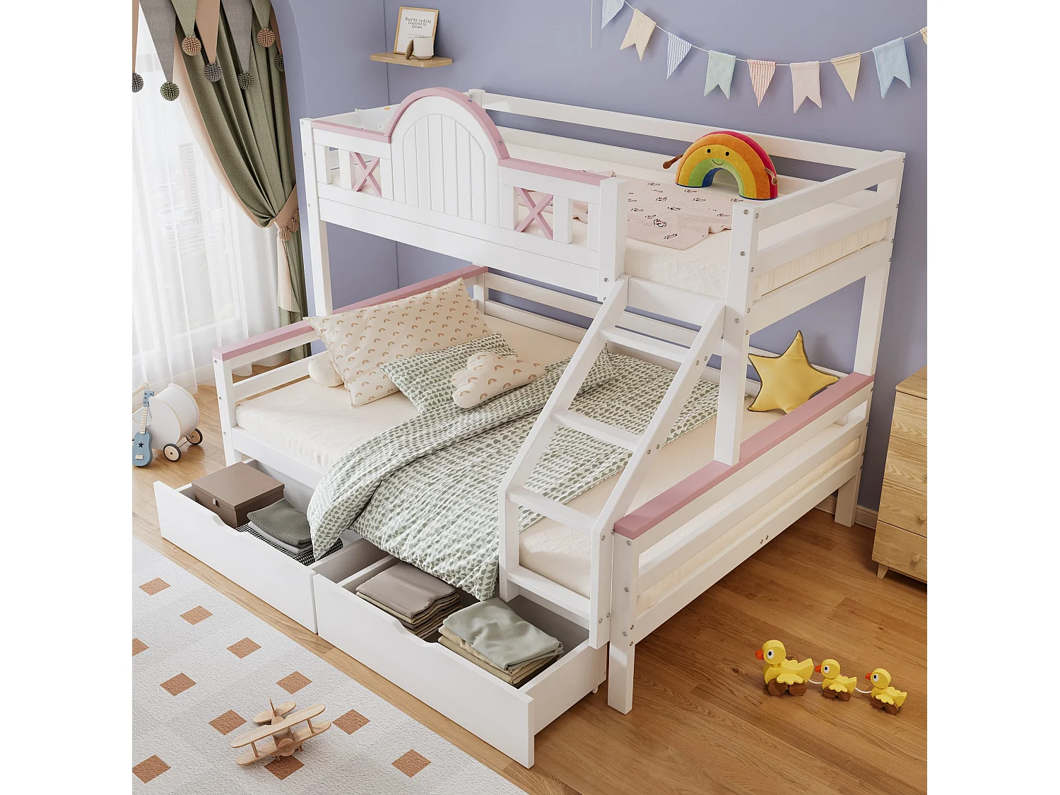 Kinderstapelbed 90x200cm+140x200cm , met laden, raam, raamvorm, grenen + MDF, wit + roze