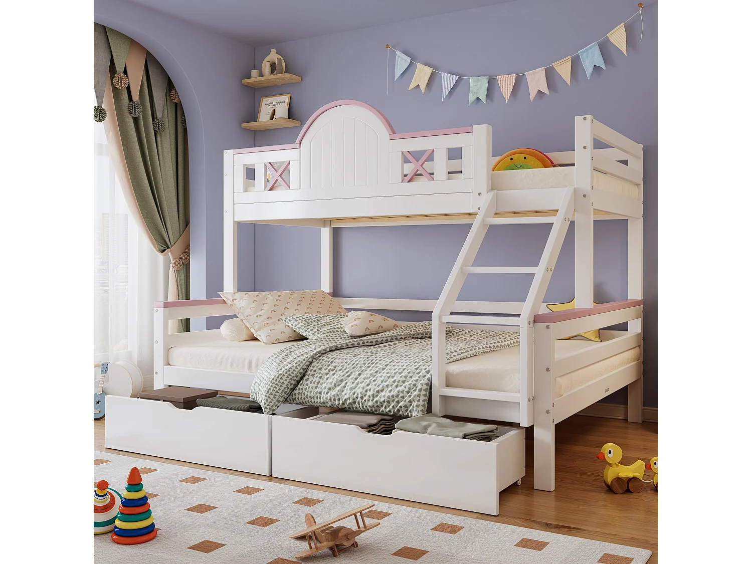 Kinderstapelbed 90x200cm+140x200cm , met laden, raam, raamvorm, grenen + MDF, wit + roze