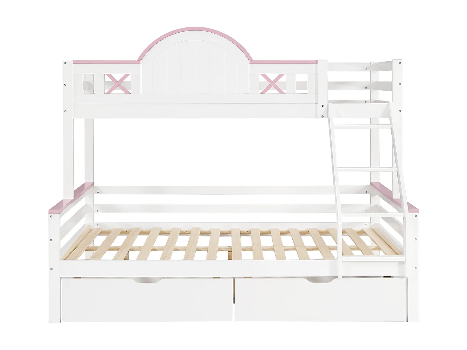 Kinderstapelbed 90x200cm+140x200cm , met laden, raam, raamvorm, grenen + MDF, wit + roze