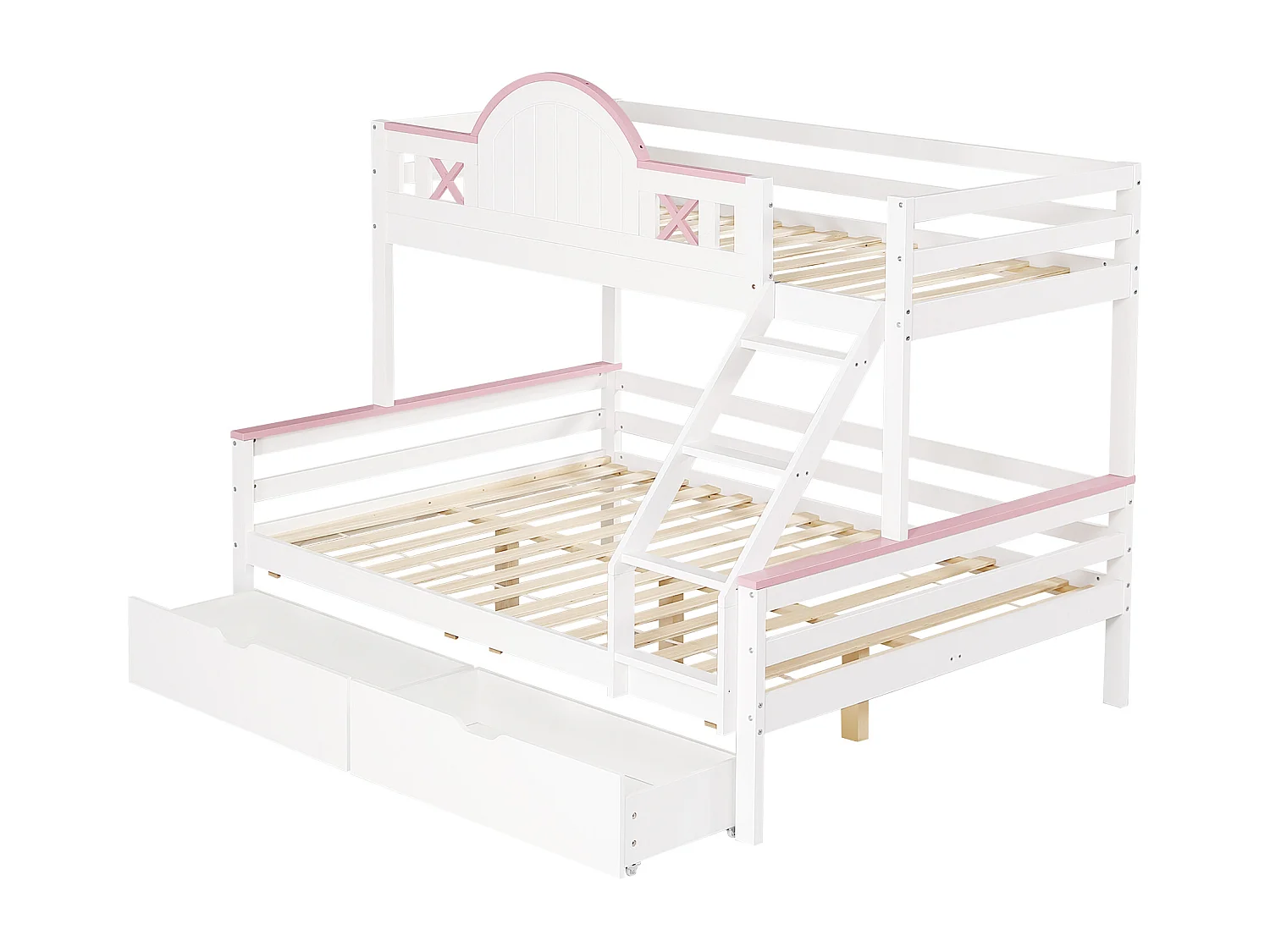 Kinderstapelbed 90x200cm+140x200cm , met laden, raam, raamvorm, grenen + MDF, wit + roze