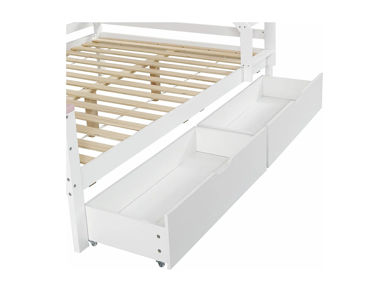 Kinderstapelbed 90x200cm+140x200cm , met laden, raam, raamvorm, grenen + MDF, wit + roze