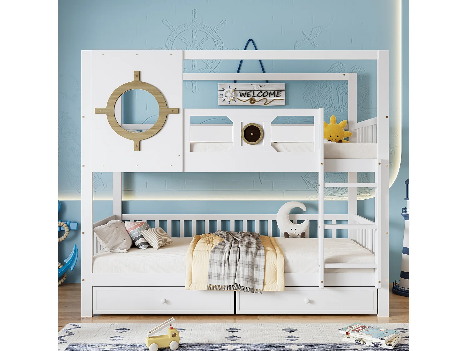 Lettino superposé per bambini 90x200 cm, con sponda e fenestrella, binari anti-scivolo, tiriirs, blanc + couleurs naturelles