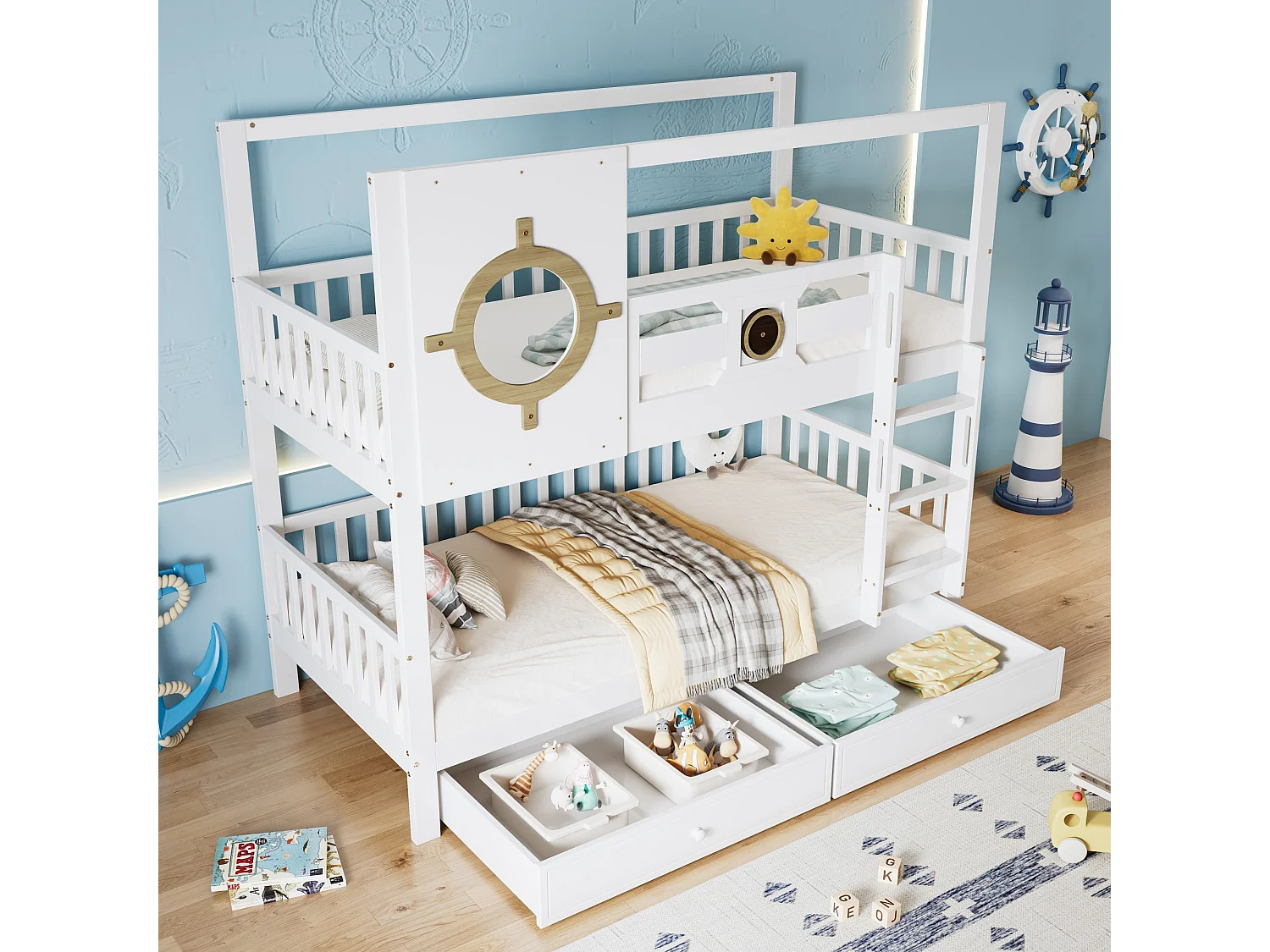 Lettino superposé per bambini 90x200 cm, con sponda e fenestrella, binari anti-scivolo, tiriirs, blanc + couleurs naturelles