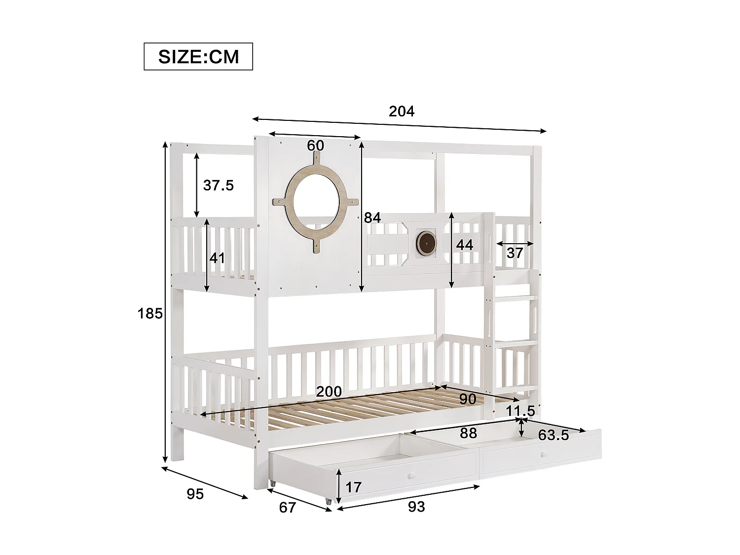 Lettino superposé per bambini 90x200 cm, con sponda e fenestrella, binari anti-scivolo, tiriirs, blanc + couleurs naturelles