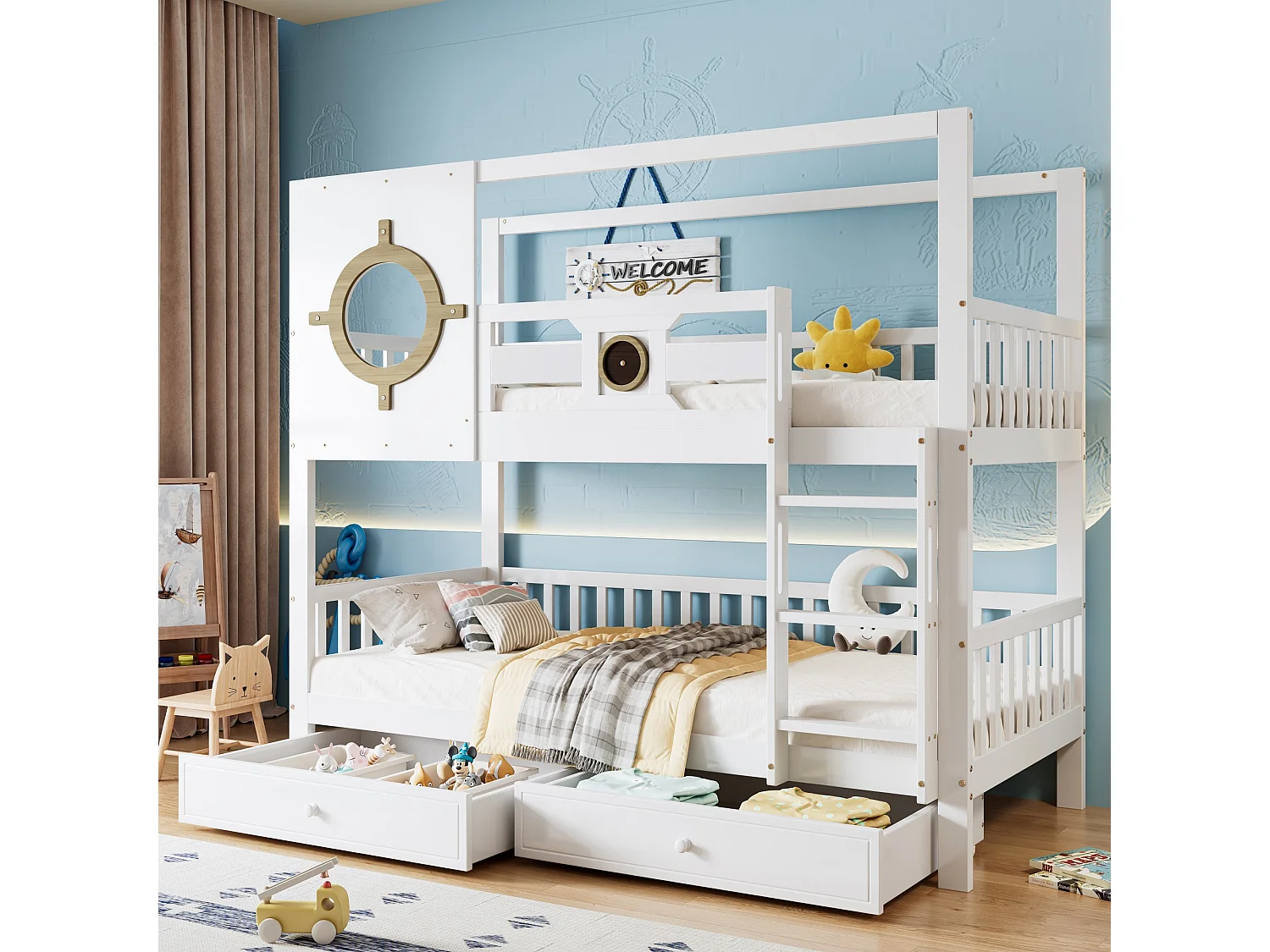 Lettino superposé per bambini 90x200 cm, con sponda e fenestrella, binari anti-scivolo, tiriirs, blanc + couleurs naturelles